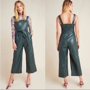 Dark Green Faux Leather Wide-Leg Jumpsuit with Tie Waist Anthropologie Samira